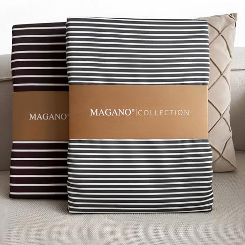 MAGANO® Luxus Spannbettlaken 180x200 Streifen Grau/Weiß | Bambus & Baumwolle Satin | 400 TC Premiumqualität | Hypoallergen & Thermoregulierend | Spannbetttuch Bettlaken 180x200 cm | Off-White