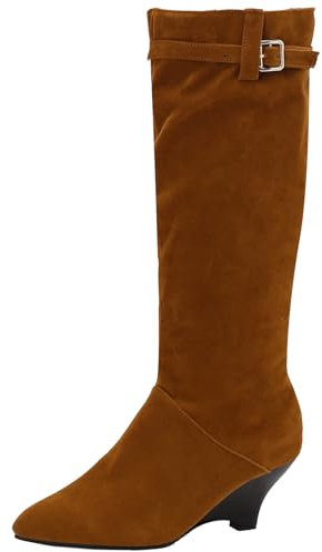 Cocey Moda minimalista stivali lunghi in camoscio con zeppa e fibbia in tinta unita per ogni occasione, marrone, 38 EU