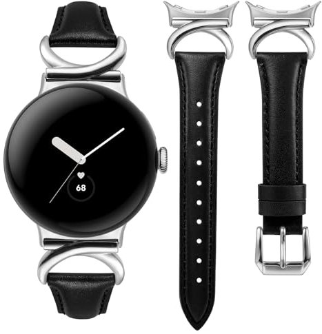 TOYOUTHS Lederarmband Kompatibel mit Google Pixel Watch 3 41mm/Pixel Watch 2/Google Pixel Damen, Schlank Dressy Leder Armbänder mit C-förmiger Schnalle für Pixel Watch 2/Pixel Watch, Schwarz/Silber
