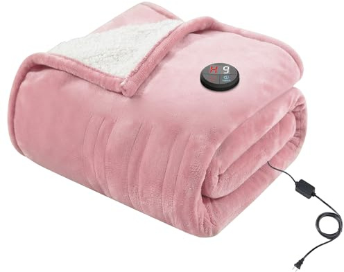 GOTCOZY Ein-Knopf-Heizdecke 130x180cm mit Abschaltautomatik Rosa | 10 Heizstufen,9 Stunden Timer,Wärmedecke Elektrisch,Weicher Flanell Kuscheldecke für Bett&Büro Waschbar