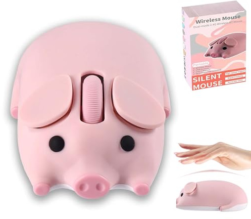Kabellose Maus, niedliche Schweine-Form, Dual-Modus (2,4 G + Bluetooth), leise, tragbar, leicht, 3-Tasten, 1200 dpi, kleine Reisemaus, batteriebetrieben, Geschenk für Damen und Herren, für PC, Laptop