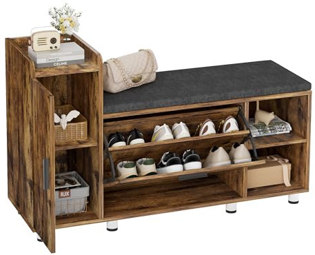 FiveWillowise Schuhschrank mit Sitzbank, Schuhbank mit Sitzfläche, mit Stauraum, 8 verstellbare Metallfüße, 2 Stauraumtüren, Schuhregal für Flu, Schuhkipper mit Klappen, B102/T34/H67 cm, Braun
