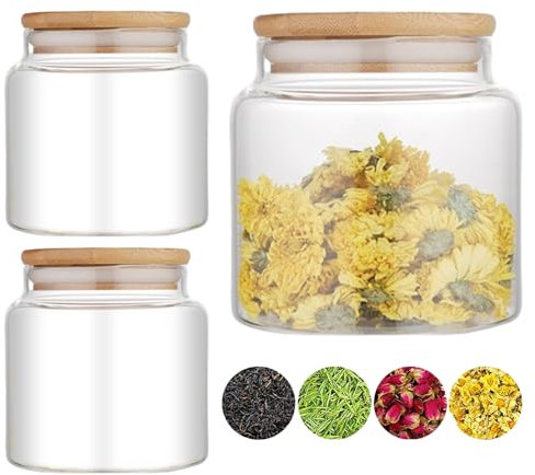 LEKEFETO 2 contenitori in vetro da 500 ml con coperchio in bambù, per cucina, ermetici e trasparenti, per caffè, cereali, fiori secchi, conservazione sostenibile della cucina
