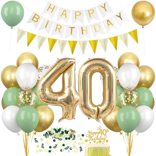 Deko 40. Geburtstag Salbeigrüne, Luftballons 40 Geburtstag Deko Set Grün Weiß Gold, Ballon 40 mit Banner Tortendeko, Happy Birthday Girlande, für Frau Männer 40 Jahre Geburtstagsdeko