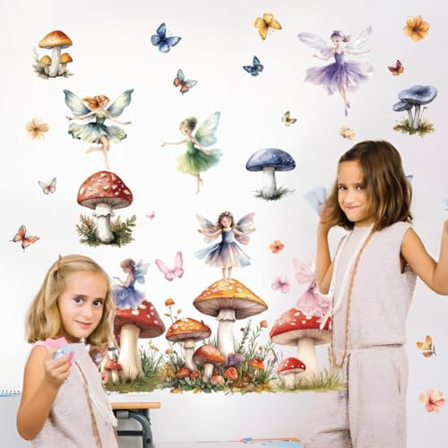 ANATTASOUL Aquarell Pilze und Feenelfen Wandtattoo, Wandaufkleber Wandsticker Wanddeko Selbstklebend für Wohnzimmer, Schlafzimmer, Flur, Badezimmer, Küche, Wanddeko