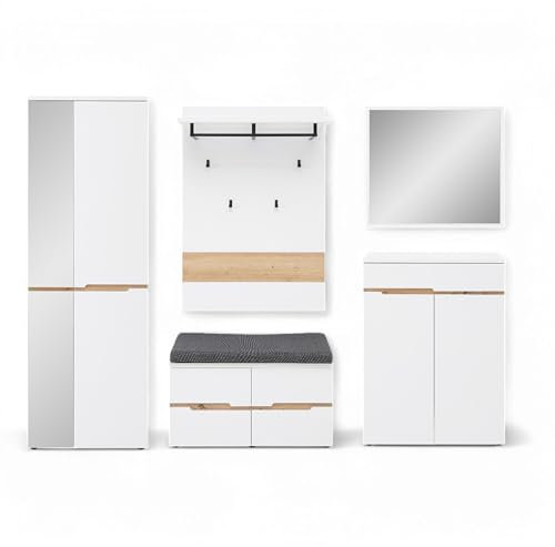 Stella Trading Memphis Flurgarderoben Set in Weiß, Artisan Eiche Optik - Modernes Garderobenset 5-teilig für Ihren Eingangsbereich - 255 x 192 x 38 cm (B/H/T)