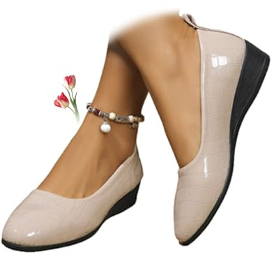 Scarpe da donna in pelle leggera, comode con supporto ad arco a zeppa, senza lacci, tacco basso, per lavoro, ballerina, mocassini, beige, 38 EU