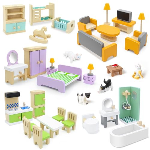 33PCS Wooden Dollhouse Furniture Set, Doll House Miniature Accessories 5 Room Kit Including Miniature Kitchen, Living Room, Bedroom & Bathroom Accessories for Pretend Play, Kids Ages 3+