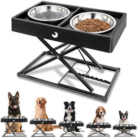Joytale Support Métallique Réglable pour Gamelle Chien Surélevée (22-45cm) - Distributeur Lourd avec 2 Bols INOX, Station Anti-Dérapante et Anti-Renversement pour Chiens Moyens/Grands