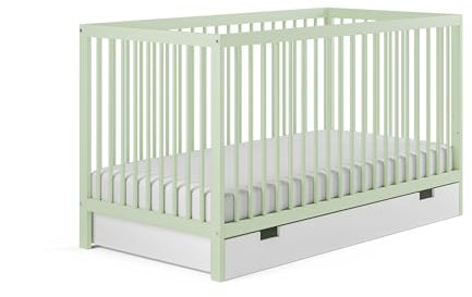 Kids Collective Babybett mit Schublade und Matratze Kinderbett Gitterbett 60x120 & 70x140 cm höhenverstellbar & herausnehmbare Sprossen | 70x140 cm Buchenholz grün sehr stabil Made in Europe