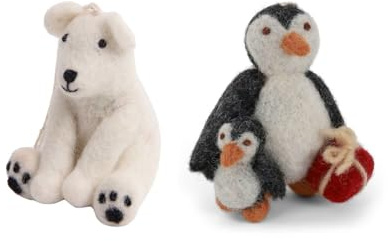 Gry & Sif Hecho a mano y certificado de comercio justo. Elegante diseño danés X Nepalí artesano | oso polar sentado y pingüino con bebé
