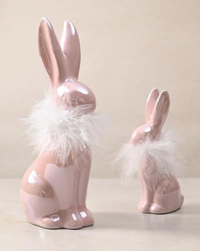 DN DECONATION Ostern Deko Osterhasen Figuren Keramik Set, 2er Set Rosa Osterhasen Deko Osterdeko mit Fellkragen für Frühlings Tischdekoration, Garten Deko und Ostergeschenk