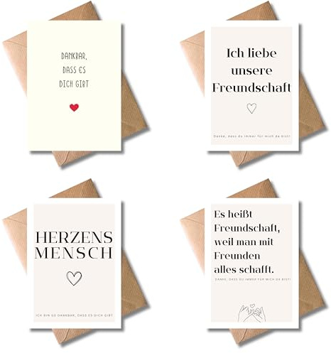 WBdesignz 4er-Set Freundschaftskarten mit Umschlägen - Süße Dankeskarten mit Sprüchen für Freundschaften - ideal für Freundinnen, Beste Freunde, Herzensmenschen, Partner, Familie & Kollegen (DIN A6)