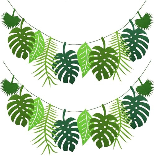 2 Stück Dschungel Deko Geburtstag, Palmenblätter Dschungel Deko, Künstliche Tropische Blatt-Girlande, für Geburtstagsfeier,Hawaii Gartenparty,Dschungel Mottoparty