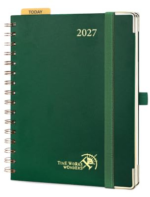 POPRUN Kalender 2027 Wochenplaner Vertikal A5(21 x 15,5cm) Spiralbuch | Hardcover,(Jan.2027-Dez.2027),Planer 1 Woche 2 Seite,(Montag - Sonntag),mit Plastiklineal,100 GSM Papier(Dunkelgrün)