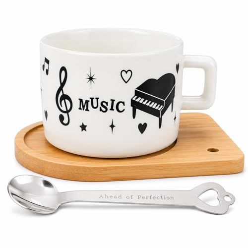 JRose Music Lover Gift Mug Set with Spoon & Bamboo Tray 190ml Ceramic Cup