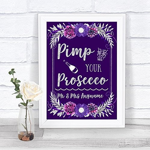 Purple & Silver Pimp Your Prosecco Personalised Wedding Sign Print