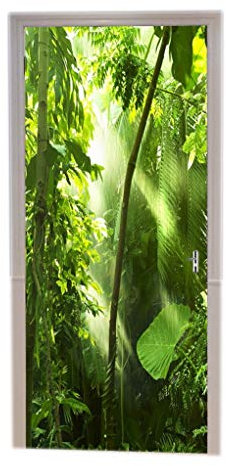 A.Monamour Stickers Muraux Soleil Radieux À Travers La Forêt Tropicale Verte Jungle Palmier Tropical Nature Paysages Impression Vinyle Salle Porte Autocollants Murales De Porte Autocollants Affiches