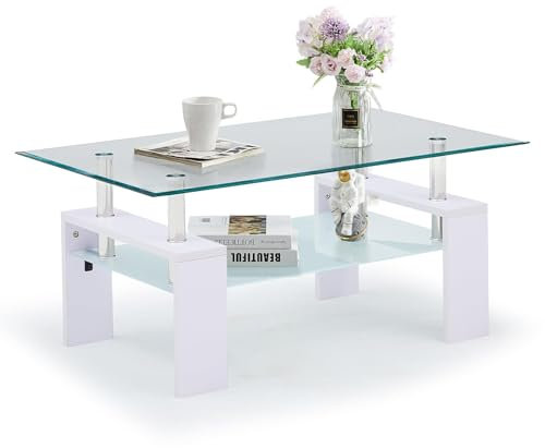 TUKAILAi Mesa Auxiliar Rectangular de Cristal Transparente, Moderna Mesa Auxiliar con Estante Inferior Cromado y Tablero de Densidad Media, Soporte para Sala de Estar, recepción, Mesa Blanca