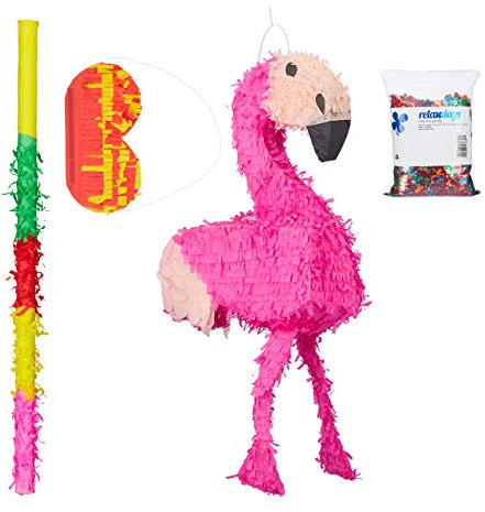 Relaxdays 4 TLG. Pinata Set Flamingo, XXL Sack Metallic Konfetti zum Befüllen, Pinatastock & Augenmaske, Kinder Pinata, pink