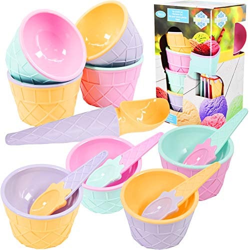 GEEZY Set of 4 Ice Cream Spoons and Bowls Set with Scoop Summer Kids Party 170ml Dessert Cups