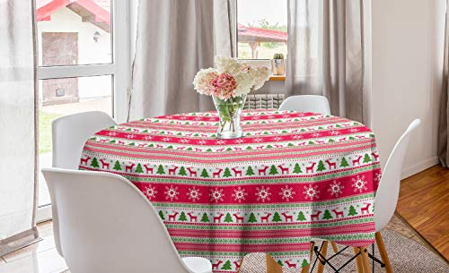 ABAKUHAUS nordisch Runde Tischdecke, Needlework Stil Weihnachten, Kreis Tischdecke Abdeckung für Esszimmer Küche Dekoration, 150 cm, Rosa Kalk-Grün Weiß