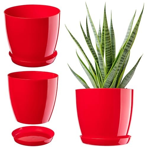 KADAX Élégant Pot à Fleurs/Plantes avec Soucoupe Forme Ronde et élégante en Plastique léger pour l’intérieur et la Maison Cache-Pot pour Fleurs, Plantes Ø 28 cm Rouge
