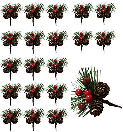 20 Stück Beeren-Tannenzapfen Tannenzapfen Stiel Plektren Künstliche Winter-Weihnachtsbeeren Dekoration, Plektren Künstliche Tannennadeln Rote Beeren, für Weihnachtsgestecke und Urlaubsdekorationen