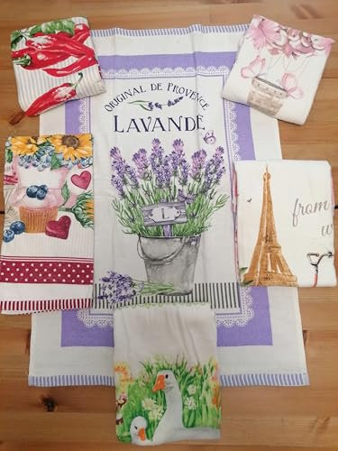 Geschirrtücher aus Frottee, 100 % Baumwolle, Zitronen und Blumen, Katze, 6 Stück, Größe 50 x 70 cm, mit Schlaufe, einfach aufzuhängen