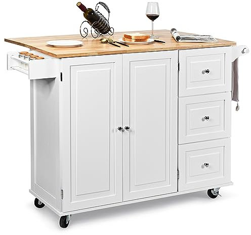 COSTWAY Carrello da Cucina in Legno, Credenza Cucina Salvaspazio con Mensole Regolabili, Armadietto per Microonde con Cassetti, 136 x 76 x 91 cm (Bianco)