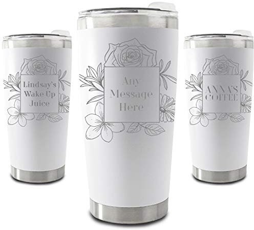 Personalised Engraved 500ml White Travel Cup with Floral Square Design, Personalise with Any Message or Name