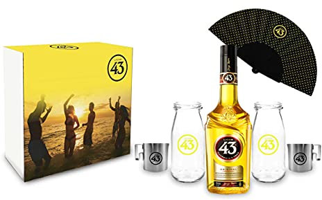 Licor 43 Geschenkset Cuarenta y Tres 0,7l (31% Vol) + 2x Milch Flasche/Gläser +2x Kaffee Kännchen + 1 Fächer- [Enthält Sulfite]