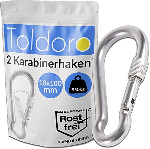 Toldoro® 2x Mousqueton a vis inox 100mm - NIRO AISI 316 V4A / Mousqueton petit pour balancoire, camping ou slacklines/Lot mousqueton