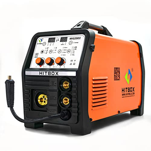 HITBOX MIG200 Synergy Saldatrice MIG MAG - 5 in 1 Saldatrice a filo continuo Alluminio Portatile Semi-Automatica con 200A MIG con gas/MIG senza gas/MMA/LIFT TIG/Saldatura a punti, 3 anni di garanzia