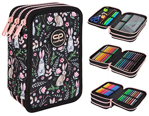 CoolPack XXL Federtasche, federmäppchen Junge, Federmappe Federmäppchen groß 44-teilig mit Aufnäher gefüllte Schüleretui 3-stöckig Motiv: RABBITLAND, HASE, Schwarz, E67529