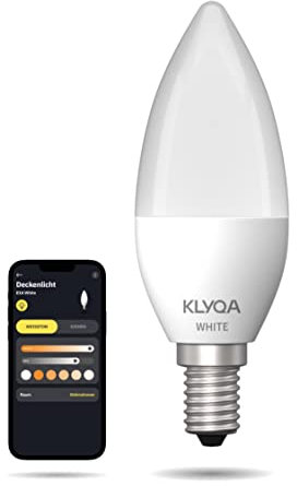 Klyqa E14 White WLAN Lampe I Smarte & kerzenförmige Glühbirne I Kompatibel mit Smart Home Lösungen & Sprachassistenten I Dimmbar via App I Schmaler Fuß I Helle Lampe mit 470lm