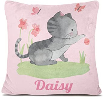 Personalisiertes Babykissen mit Tierdruck – weiches Fleecekissen mit Namen und Datum zur Taufe oder Geburt – Babygeschenk oder Geburtskissen - Kinder Kissenbezug - Kopfkissenbezug (Katze 2)