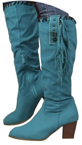 Onsoyours Moda Donna Autunno e Inverno Stivali con Tacco Alto Spessi con Frange Stivali Alti con Tacco Alto Incontri Ballerino Partito Stivali al Ginocchio A Blu 37 EU