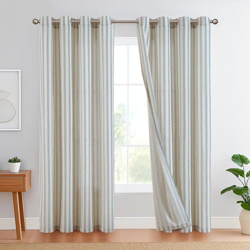 TOPICK Leinen Gestreifte Vorhänge Blau Streifen Gardinen mit Ösen Ticking Streifen Muster Leinenoptik Vorhänge Lichtfilterung für Wohnzimmer Nadelstreifen Gardine Blickdicht 2 Stück 130x245cm