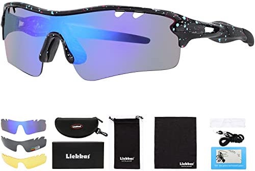 Liekkas Polarised Sports Sunglasses For Men Women with 3 Interchangeable Lenses for Running Cricket Mountain Bike Cycling Glasses Black Blue