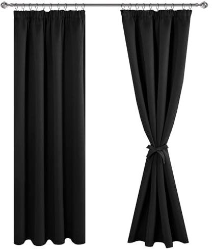 JIUZHEN Vorhänge mit Kräuselband Gardinen Wohnzimmer Verdunklungsvorhänge Vorhang Blickdicht Vorhänge Schlafzimmer Thermovorhang Schwarz,H228 x B117 cm,2er Set