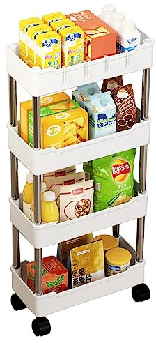 Haipky Multipurpose Rolling Trolley, Removable Storage Organizer Rack Shelf With Wheels for Bathroom Bedroom Kitchen Laundry Fruit Vegetable Snack Sundries Cosmetics Toiletries (White 4 Tiers,Narrow)