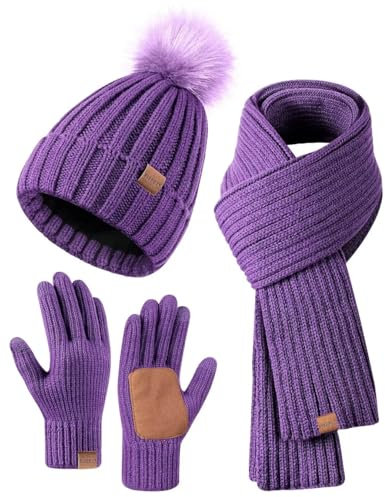 Winter-Set für Damen mit Mütze, Schal und Handschuhen, Mütze mit Bommel, langer Schal, Touchscreen-Handschuhe, 3-in-1-Set, Violett, Einheitsgröße