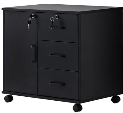 LEMROE Mobile File Cabinet with Lockable Cabinet and 3-Drawer Lateral Filing Cabinet for Documents Printer Stand Home Office, Black