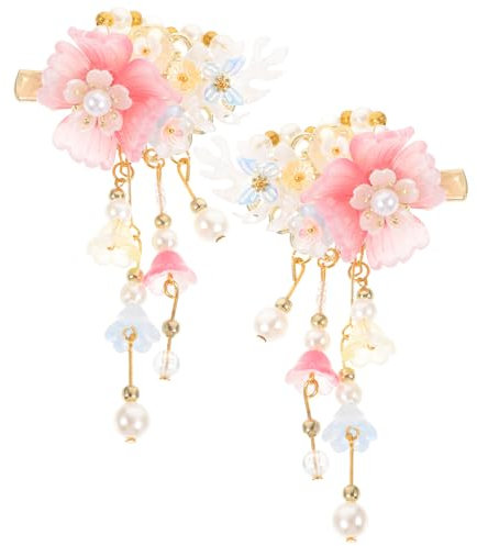 Beavorty 1 Pair Chinese Barrettes Ancient Style Hair Clips Tassel Hairpins Hanfu Hair Accessories Pink