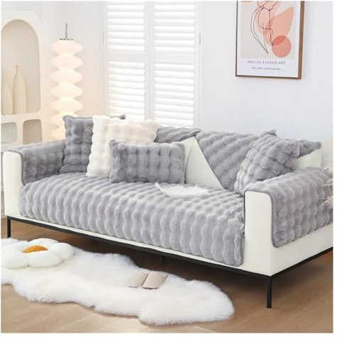 Flauschiger Sofabezug, Plüsch-Sofabezug, Winter, verdickt, warme Plüschkissen, rutschfest, Wohnzimmer, Ledersofa, Rückenlehne, Armlehnen, weiches Wohnzimmer (Farbe: Hellgrau, Größe: 70 x 90 cm, 1