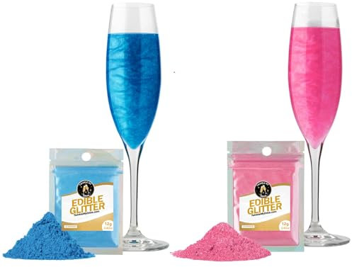 Twinkle my Drink® Brillantini commestibili per bevande blu e rosa - Decorazione per la festa della rivelazione di genere - Brillantini commestibili per spumanti e liquori - 12 g per oltre 120 bevande