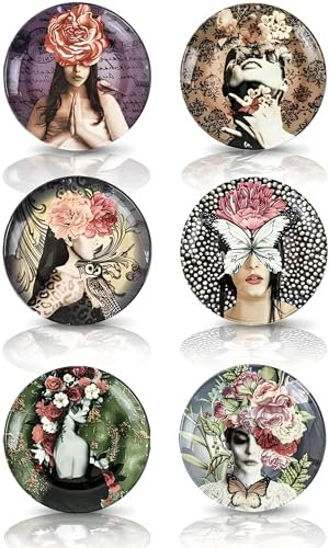 PHRYGIA Porcelain Plate Set 7.5 inch,Side Plate, Set of 6, Lightweight for Breakfast, Appetizer, Salad or Dessert Plates,Colorful Porcelain Lunch Plates, Flat Modern Lady Pattern Plates (Lady)