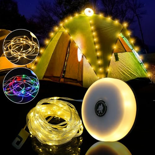 Camping Lichterkette Aufrollbar 2 in 1 Campinglampe, Lichterketten Mit 10m Led Lichterkette Wasserdichte Verstaubare Lichterkette Tragbare Wiederaufladbare Für Outdoor Camping Hof Dekor