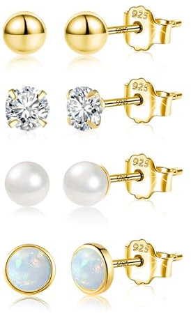 Gold Ohrringe Ohrstecker Set Damen, Kleine Ohrstecker Set 4 Paar Hypoallergenes Kleine Ohrringe Kugel Perlen Opal Ohrsteck Klein Zirkonia Ohrring Ohrsteck für Mehrere Piercings Damen Mädchen